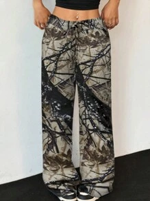 SHEIN LUNE Quần ống đứng cạp cao họa tiết camo thời trang rộng rãi thường ngày cho nữ - Nhiều màu - Xem 1