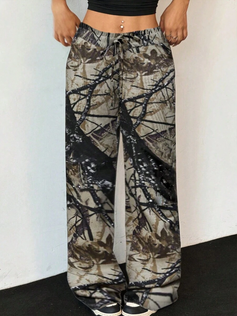 SHEIN LUNE Quần ống đứng cạp cao họa tiết camo thời trang rộng rãi thường ngày cho nữ - Nhiều màu - Xem 1