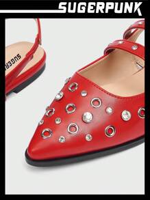 Sugerpunk Women's Red PU + Rhinestone Embellished Pointed Toe Flats - Red - View 3