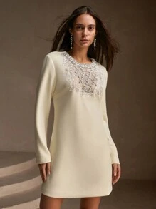 Anewsta Women's Fashionable Elegant Airy Knit Dress With Pearl And Rhinestone Decor