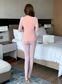 DAZY Cute Cartoon Pattern Raglan Sleeve Fitted Pajama Set - Pink - View 2