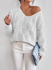 Chiquease Solid V-Neck Long Sleeve Casual Pullover Sweater Knit Pullover Fall Winter Outfit
