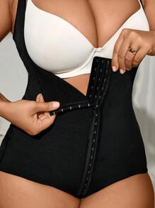 SHEIN LUNE 大码女式纯色前扣低领紧身衣 - 黑色 - 查看 3