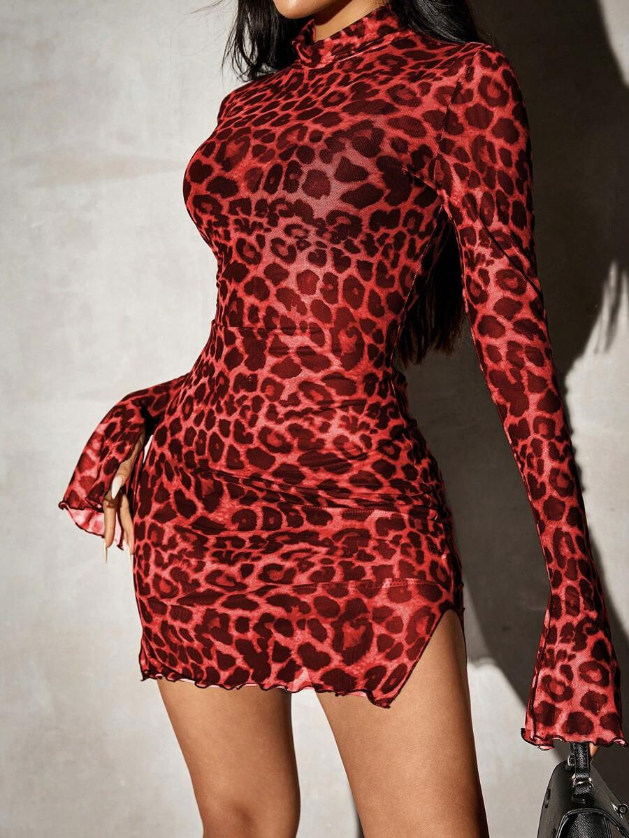 SHEIN SXY Váy ôm dáng dài tay họa tiết da báo in lưới đan thanh lịch cho nữ - Đỏ - Xem 1