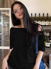 INAWLY Women's Solid Color Off-Shoulder Short Sleeve Casual T-Shirt For Summer