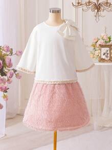 SHEIN Bộ 2 chiếc váy xòe và nơ lớn thường ngày cho bé gái tuổi teen, áo cánh tay 3/4 và váy xòe - Hồng - Xem 3