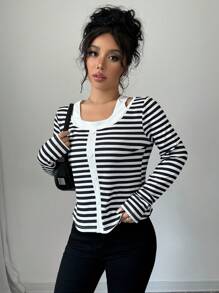 Chiquease Women's Long Sleeve Button-Design Casual Striped T-Shirt, Spring And Autumn