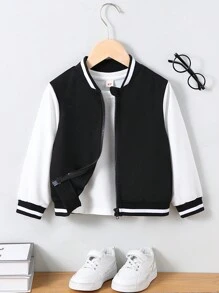 Young Boys Wool-Blend Zip-Up Hooded Jacket, With Contrast Ribbing On Collar, Cuffs And Hem, Graphic Letter Print On Back, And Colorblocked Sleeves, Warm And Fashionable For Outdoor, School Or Daily Wear In Spring, Autumn And Winter, Including Air Conditioned Rooms