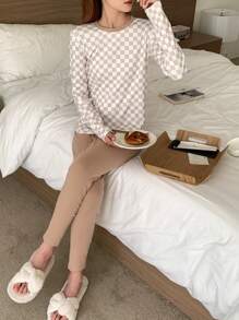 DAZY Checkerboard Patchwork Thermal Lined Fitted Pajama Set,Thermal Lined Fall,Winter - Khaki - View 8