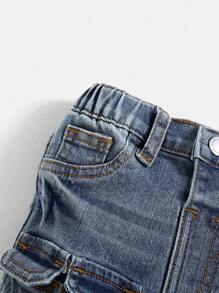 SHEIN 男婴复古多口袋蓝色牛仔裤，休闲百搭，适合男婴秋季服装 - 淺色水洗藍 - 查看 6