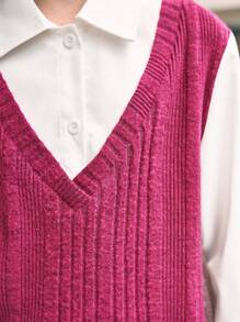 SHEIN 2pcs Tween Girls Preppy Commuter Casual Faux-2pcs Knit Vest, Shirt & Plaid Skirt Set - Hot Pink - View 5