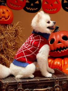 1 Áo len thiết kế hình nhện Halloween cho thú cưng Colorblock Áo len ấm áp và thoải mái, phù hợp với chó và mèo - Đỏ - Xem 4