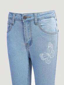 SHEIN Explorewe Tween Girl 美式街头风蝴蝶印花弹力喇叭牛仔裤