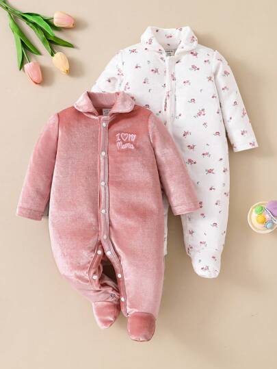 SHEIN 2件套女婴休闲花卉字母印花连体睡衣套装，浅粉色和白色