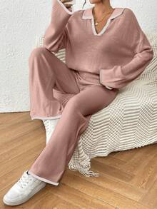 Bộ đồ thể thao nữ Joy Knit gồm áo len cổ chữ V dáng rộng, vai rớt, viền tương phản và quần ống rộng màu hồng. - Hồng - Xem 6