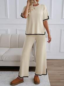 女士时尚撞色滚边针织圆领落肩短袖上衣搭配阔腿裤休闲套装 夏季 - 杏色 - 查看 7