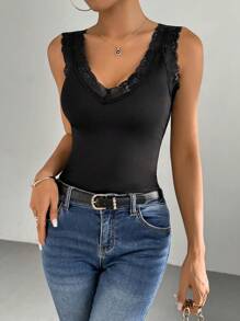 Chiquease Women's Casual Lace Splice V-Neck Tank Top With Thermal Lined, Autumn & Winter