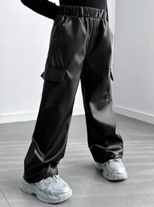 Young Girl Plain Color Elastic Waist PU Leather Utility Pockets Loose Casual Pants - Black - View 1