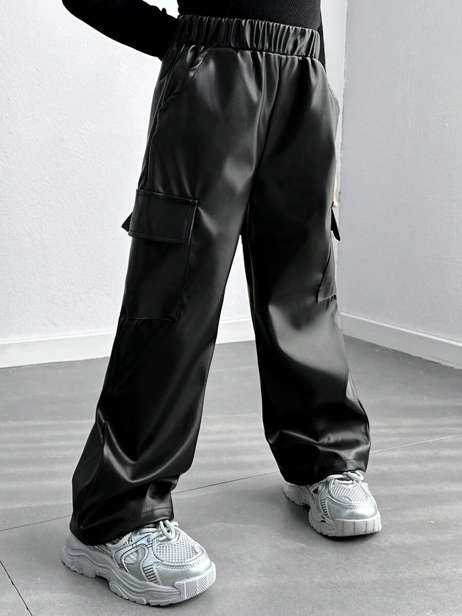 Young Girl Plain Color Elastic Waist PU Leather Utility Pockets Loose Casual Pants - Black - View 1