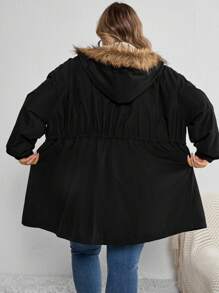 SHEIN CURVE+ Áo khoác có mũ trùm đầu thanh lịch cỡ lớn mùa đông mới mềm mại có đệm - màu đen - Xem 2
