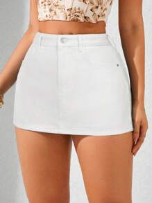 SHEIN Privé Plain Front Button Casual Denim Shorts - White - View 3