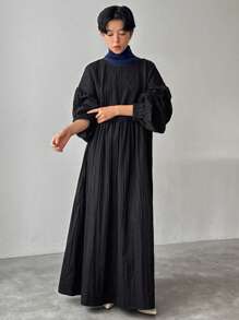 FRIFUL Women's Casual Solid Color Round Neck Drop Shoulder Long Sleeve Pleated Loose Dress, Spring & Autumn - Black - View 2