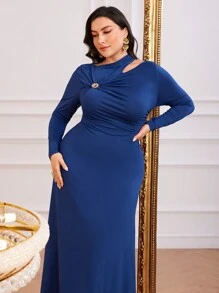 Modelyn Sukienka Plus Size Elegancka Jednolita Kolorowa Asymetryczna Kołnierzyk, Wiosna/Jesień - Niebieski - Zobacz 1