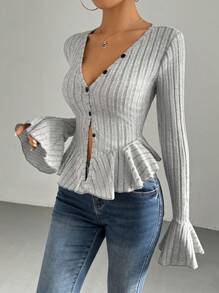 Chiquease Bell Sleeve & Ruffle Design Casual T-Shirt, Spring Autumn - Light Grey - View 3