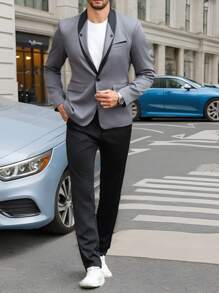 Manfinity Mode 2pcs Men's Casual Contrast Color Lapel Collar Long Sleeve Blazer Jacket And Pants Set, Spring Autumn,Gifts For Boyfriend - Grey - View 4