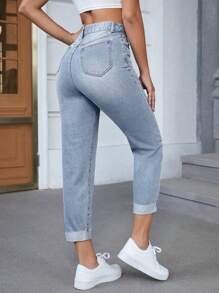 SHEIN Essnce Pantalon denim court et décontracté pour femmes avec ourlet roulé et poches
