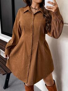 SHEIN VCAY Plus Size Cinched Waist Shirt Dress Casual Vintage Dress For Fall/Winter,Graduation Dress - Brown - View 1