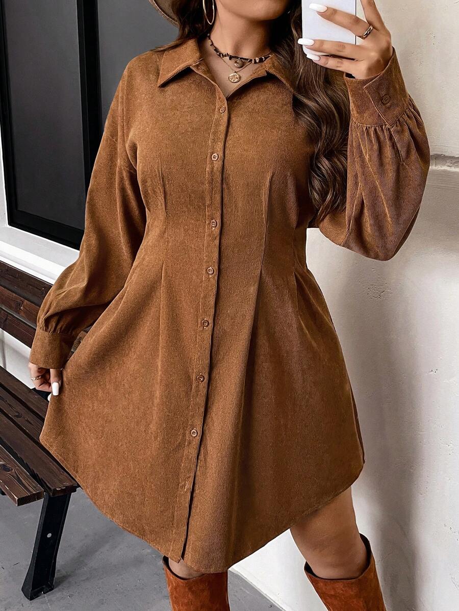 SHEIN VCAY Plus Size Cinched Waist Shirt Dress Casual Vintage Dress For Fall/Winter,Graduation Dress - Brown - View 1