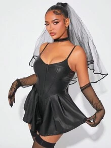 SHEIN SXY 万圣节/派对/聚会服装，黑色 PU 紧身胸衣式芭蕾紧身连衣裤 - 黑色 - 查看 3