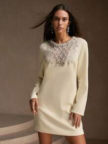 Anewsta Women's Fashionable Elegant Airy Knit Dress With Pearl And Rhinestone Decor