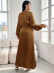 Modelyn 女士纯色圆领长袖休闲长裙长款晚礼服 - 駝色 - 查看 5