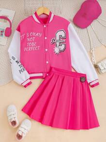 SHEIN 青少年女孩校队夹克，配色袖子和褶皱迷你裙休闲套装 - 玫紅色 - 查看 1