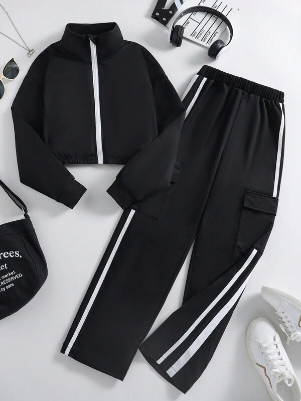 Conjunto de 2 piezas de pantalón con cordón en la cintura y sudadera con cuello redondo y cremallera de manga larga para niñas preadolescentes, para uso casual diario, otoño/invierno