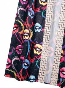 Plus-Size Women's Lip Pattern Printed Long Casual Jacket - Multicolor - View 5