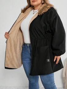 SHEIN CURVE+ Áo khoác có mũ trùm đầu thanh lịch cỡ lớn mùa đông mới mềm mại có đệm - màu đen - Xem 5