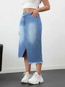 SHEIN Tall Women's Simple Casual Front Button Fringed Pocket Denim A-Line Skirt - Medium Wash - View 4