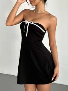 Aloruh Damen Minikleid mit schwarzem Trägerlosen und weißer Kontrastschleife, Love and Lemonade schwarzes Abschlussball Kleid, Halloween Damenkleid, elegantes Damenkleid, sexy Kleid, Abschlussballkleid, Halloween Outfit, Halloween Kostüm, Herbst Damenkleid, Hexenkleid, Weihnachtsoutfit, Weihnachtskleid, schwarzes kurzes formelles Kleid, Herbst Damenkleid, Weihnachtskleid, Thanksgiving Kleid, kurzes Damenkleid