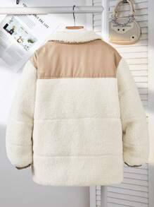 Tween Girls Colorblock Loose Fit Faux Shearling Lined Winter Warm Collared Padded Coat - Multicolor - View 2