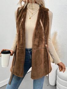 Chiquease Sleeveless Ribbons Elegant Fluffy Coat - Brown - View 5