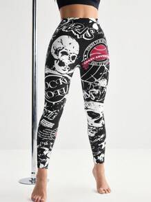 Menodora SHEIN Sport Seamless Halloween Graffiti Sports Leggings - Black and White - View 4