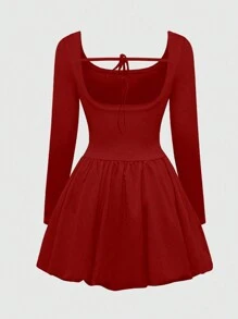 INAWLY Vestido mini de manga larga y cuello redondo de unicolor para mujer, primavera y verano