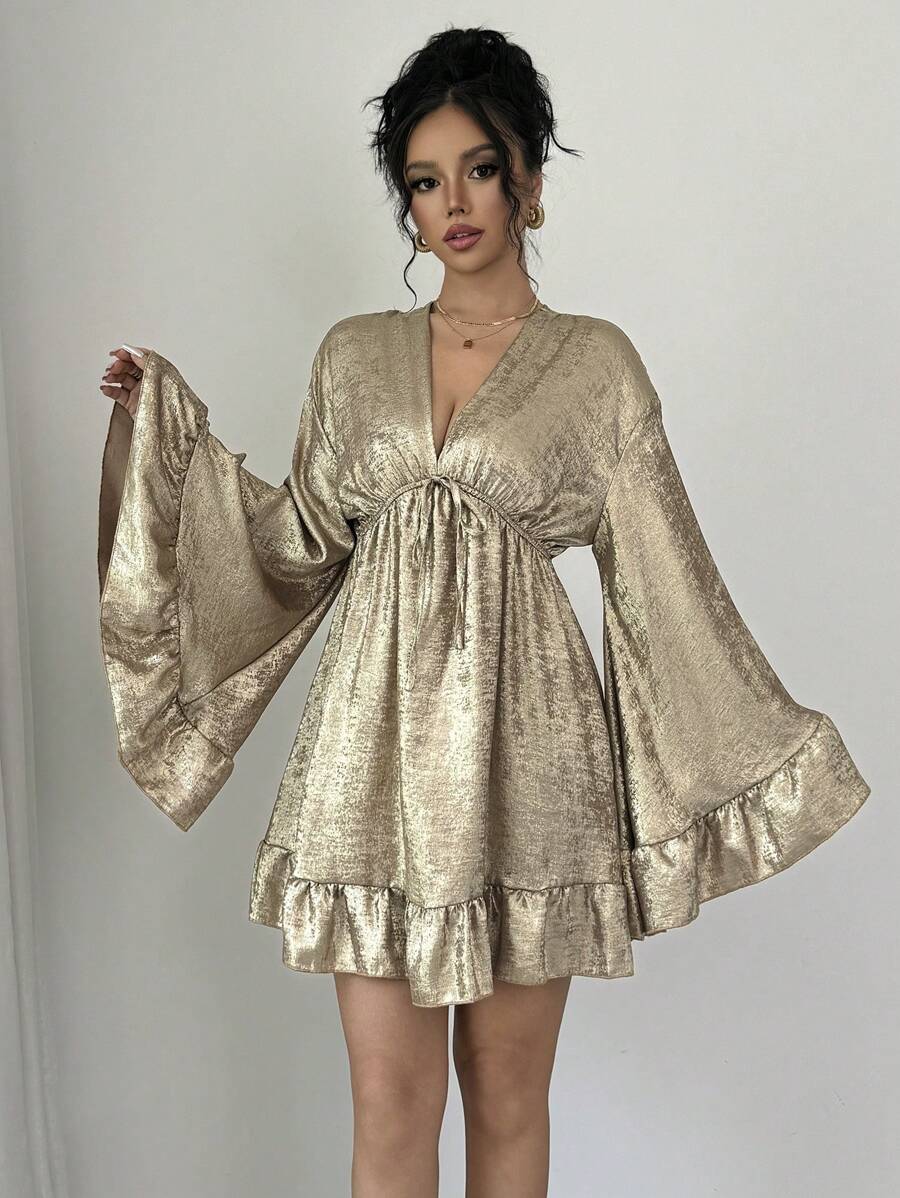 Chiquease Váy midi tay loe cổ chữ V viền kim loại cho nữ mùa xuân và mùa thu cho trang phục dự tiệc năm mới - Vàng - Xem 1