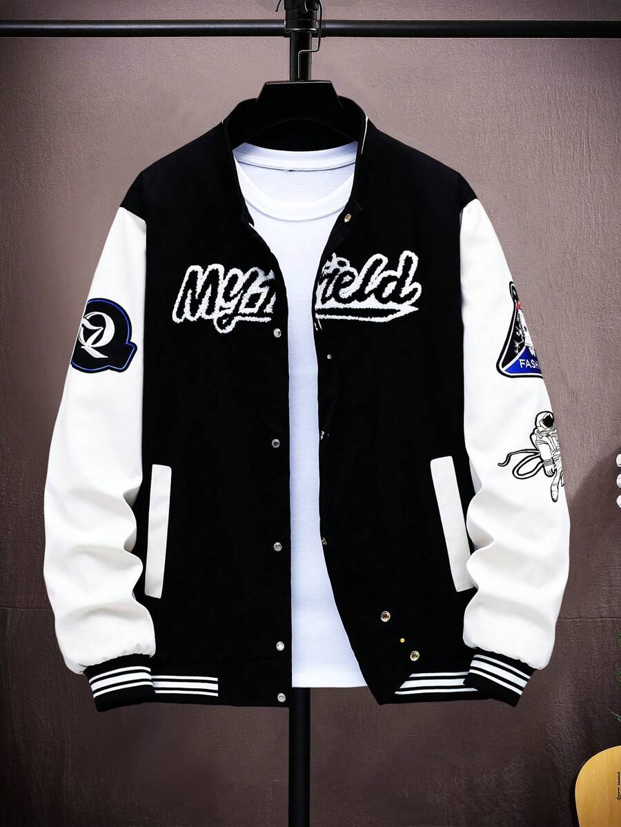 Aesthetic Post 男式彩色块字母长袖夹克 - 黑色 - 查看 1