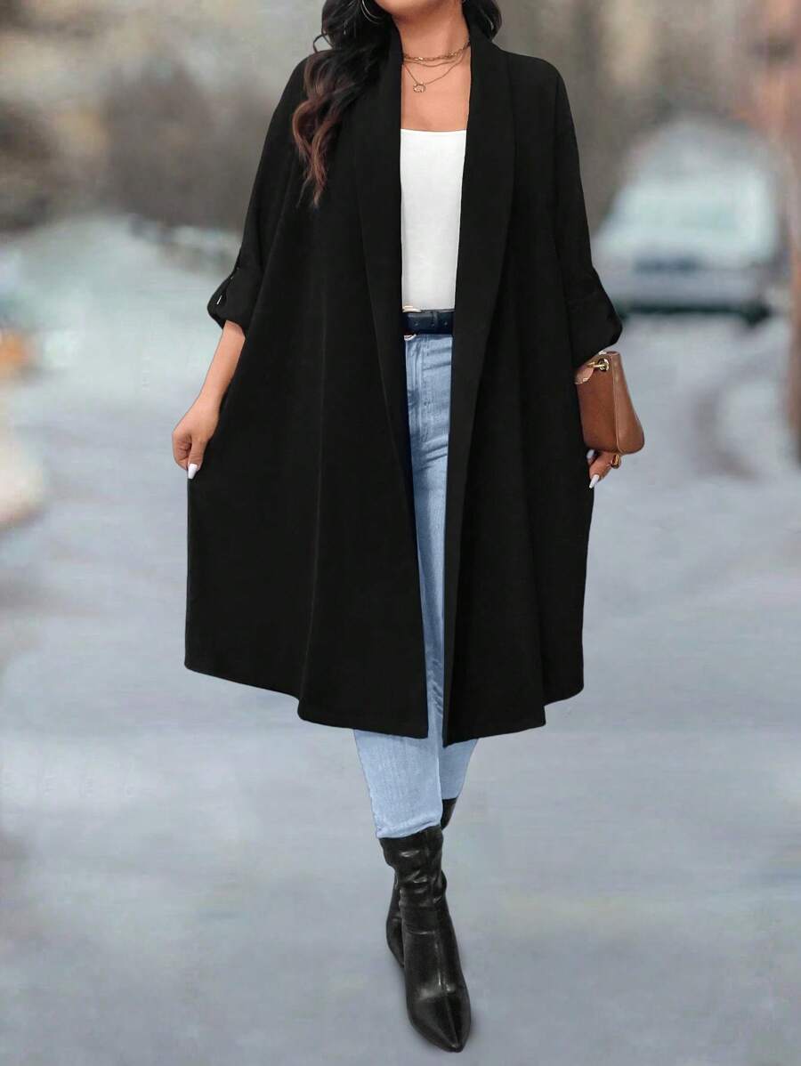 SHEIN LUNE Plus Size Solid Color Long Sleeve Casual Long Jacket - Black - View 1