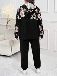 EMERY ROSE Taglia comoda Donna 2 pezzi/Set, giacca con cappuccio con chiusura lampo e stampa floreale a maniche lunghe, pantaloni con polsini elasticizzati, autunno/inverno