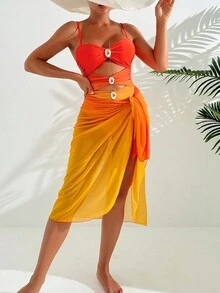 2pcs/Set Ombre Orange Cutout Swimsuit With Mesh Skirt - Orange - View 4